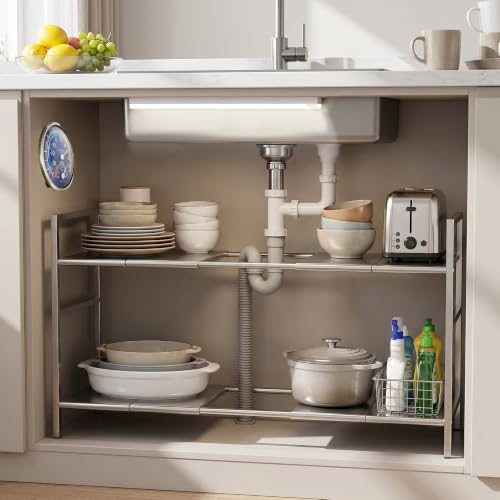 Under-Sink Organizer 2-Tier Expandable Cabinet Storage (10 panels) | LED Motion-Sensing Auxiliary Lighting Dial Thermometer Stainless Steel Telescopic & Adjustable Rust-Resistant - size: 10 panels