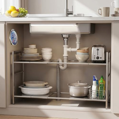 Under-Sink Organizer 2-Tier Expandable Cabinet Storage (10 panels) | LED Motion-Sensing Auxiliary Lighting Dial Thermometer Stainless Steel Telescopic & Adjustable Rust-Resistant - size: 10 panels