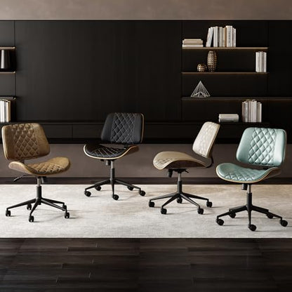 Home Office Chair No Arms with Wheels, Armless Adjustable Height Small Desk Chair, Armless PU Leather Computer Chair Mid Back 360 Swivel, Modern Walnut, Reading Meeting Room (White) - color: White