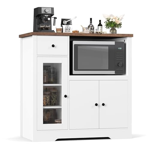 GarveeHome Kitchen Microwave Cabinet with Storage and Drawers, White | Modern Small Buffet Cabinet, Glass Doors, Adjustable Shelf, Wooden Sideboard, Wide Top, for Dining Room, Living Room - color: White