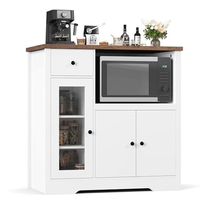GarveeHome Kitchen Microwave Cabinet with Storage and Drawers, White | Modern Small Buffet Cabinet, Glass Doors, Adjustable Shelf, Wooden Sideboard, Wide Top, for Dining Room, Living Room - color: White