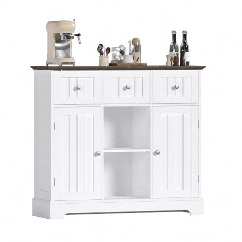 ChooChoo 35.4" Coffee Bar Cabinet with 3 Drawers and 2 Doors, White & Brown | Buffet Cabinet with Adjustable Shelves, Storage Cabinet for Compact Kitchens, Dining rooms and Living rooms - color: White & Brown