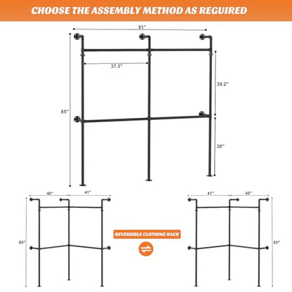 Aheaplus Industrial Pipe Clothing Rack, Reversible 6.75FT Clothes Rack for Hanging Clothes, Heavy Duty Garment Racks, Wall Mounted Closet Wardrobe Racks, Corner L Shaped Walk-in Closet System, Black - size: 81 inches