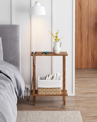 TUTOTAK Narrow Side Table, 2-Tier Small End Table with Charging Station | Skinny Sofa Table, Slim Nightstand, Easy Assembly for Living Room, Bedroom, Pure Brown TB01BB060C - color: Pure Brown, size: 2-tier