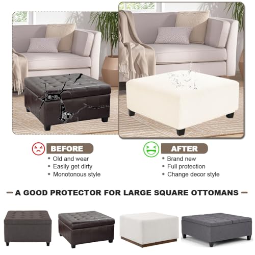 Levoberg Waterproof Square Ottoman Cover Large Square Folding Storage Ottoman Bench Slipcovers Footrest Stool Covers Oversized Ottoman Coffee Table Covers Cube with Elastic Bottom M Beige - color: Beige, size: Square-M