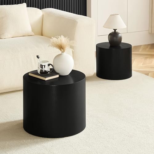 Nesting Coffee Table Set of 2, Modern Round Coffee Table Drum Side Table, Wooden Circle Accent Tables End Tables for Small Spaces Living Room Bedroom Office (Black) - color: 18.9" & 14.96" Dark Black
