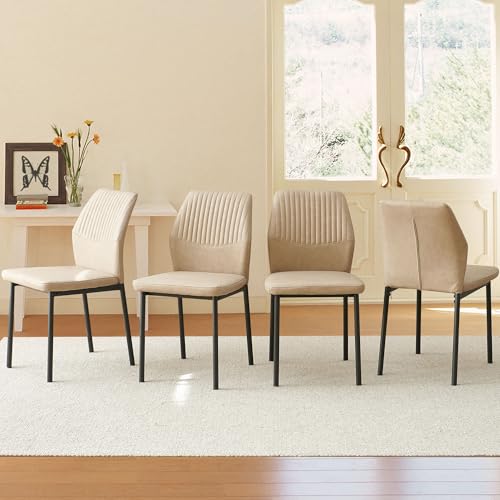 PU Leather Dining Chairs Set of 4, Mid-Century Modern Beige Leather Kitchen Chairs, Armless Dining Room Chairs with Black Metal Legs for Dining Room, Living Room - color: Beige, size: 4 chairs