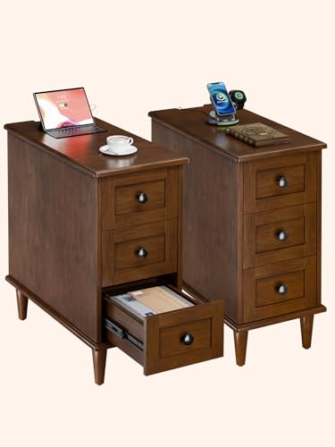End Table Set of 2, Built-in Charging Station, No Assembly Required 3-Drawer Narrow Side Table with Outlets and USB Ports, Slim Nightstand for Living Room, Bedroom, Entryway - color: Cherry, size: 1 Set