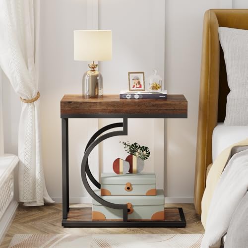Tribesigns Side Table Set of 2 Narrow Side Table Brown Black C Shaped End Table Modern Bedside Tables for Couch, Small Sofa Tables with Metal Frame for Living Room (2, Rustic Brown+Black) - color: Rustic Brown+black
