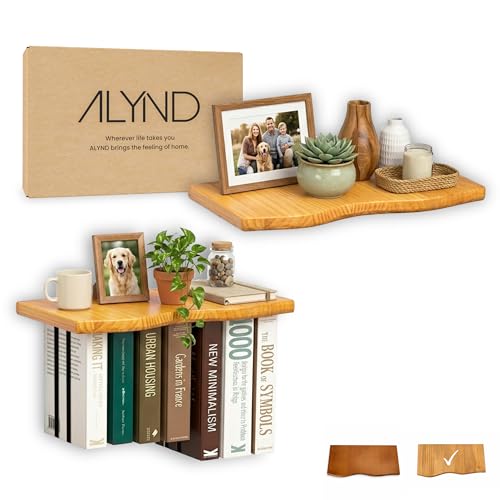 Pine Wood Floating Shelves for Wall, 2 Pack, 15.7 Inch, Light Brown | Two live edge pine shelves with hidden brackets; each 15.7 inches long and supports books, photos or plants up to 66 lb. - color: Light Brown