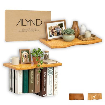 Pine Wood Floating Shelves for Wall, 2 Pack, 15.7 Inch, Light Brown | Two live edge pine shelves with hidden brackets; each 15.7 inches long and supports books, photos or plants up to 66 lb. - color: Light Brown