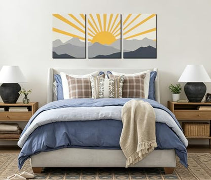 Frimeeme Modern Boho Sun Canvas Wall Art, Set of 3, Yellow and Gray Mountain Sunrise, 12x16 Inch Each, Framed - color: Framed - Sun Canvas Wall Art, size: 12"L x 16"W x 3Pieces