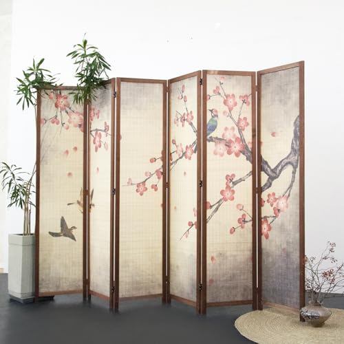 6 Panel Bamboo Room Divider for Room Separation, 5.6 ft Tall Double-Sided Folding Privacy Screen, Premium Thickened Wood Frame with Red Plum Artkwork for Home Office (67" H x 94.5" W) - color: Red Plum, size: 6 Panel