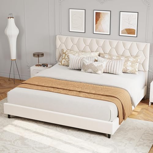 GAOMON CaliforniaKing Bed Frame with Upholstered Headboard, Heavy-Duty Platform Bed Frame with Strong Wood Slats, No Box Spring Needed/Noise Free/Easy Assembly,Beige - color: Beige, size: California King
