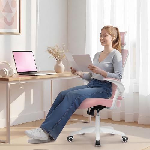NEO CHAIR Office Desk Chair with Ergonomic High Back Mesh Headrest, Pink | Adjustable Headrest and Lumbar Support with Flip-Up Armrests Designed for Extended Sitting Comfort While Saving Space - color: Pink