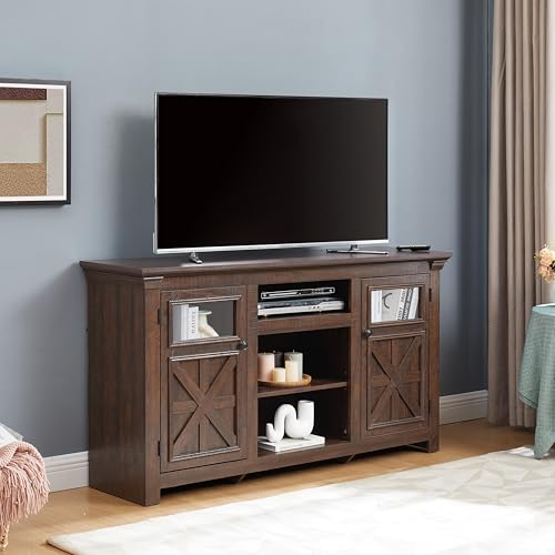 Farmhouse TV Stand 60 in for TVs up to 65 inch, Wood TV Console with 6 Cable Management Holes and Adjustable Shelves for Living Room, Barn Style Media Center with Glass Doors, Espresso - color: Espresso-d-60.23 X 15.35 X 31.70 Inch