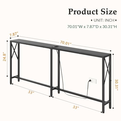 Gewudraw 70" Sofa Table Behind Couch with Socket-Narrow Console Table,Black | Industrial Style, Long Skinny Design,Couch Table For Hallway,Living Room,Bedroom, Built-In Power Outlets & USB, 172cm Length - color: Black, size: 70 in