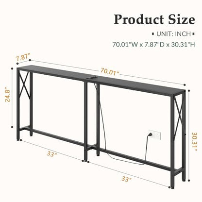 Gewudraw 70" Sofa Table Behind Couch with Socket-Narrow Console Table,Black | Industrial Style, Long Skinny Design,Couch Table For Hallway,Living Room,Bedroom, Built-In Power Outlets & USB, 172cm Length - color: Black, size: 70 in