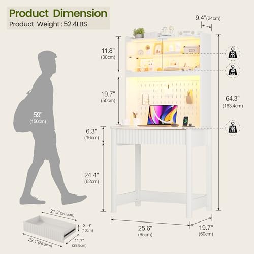 Lvifur Small Writing Desk with Power Outlet - LED Study Desk with Drawer & Hutch, Home Office Desk with Shelf & Pegboard, Space Saving Study Table Work Station for Dorm, Living Room (White) - color: White86023