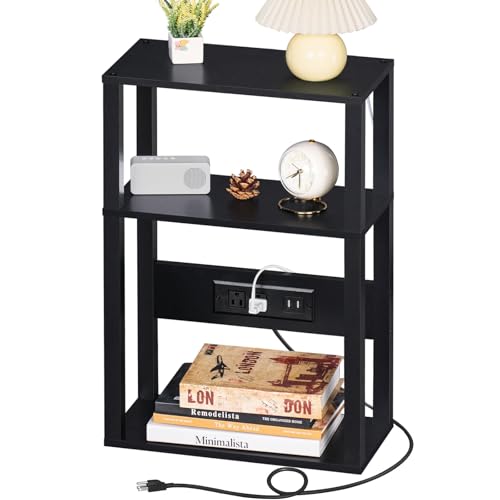 YUFAM 3-Tier Small Narrow Wood Side Table with Charging Station, Skinny Nightstand for Small Space, Slim Bedside Table with Storage for Couch, Thin End Table with USB Ports and Outlets, Black | Thin Side Table for Small Spaces, Slim End Table with USB and