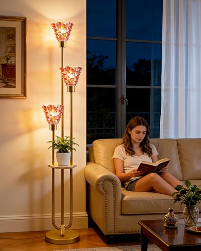 3-Light Modern Glass Floor Lamp with Shelf, Gold Tall Standing Lamp with Deep Red Flower Glass Shade, LED Floor Lamp with Foot Switch& 5Lbs Heavy Base for Living Room Bedroom, Bulb Included - color: 3 Deep Red Horn -Gold