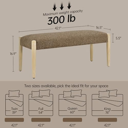 Usaint 42" End of Bed Bench with Wood Legs, Dark Brown with Oak Leg | Modern Upholstered Bedroom Bench with Rubberwood Legs, Entryway Bench with Cushion, Dining Bench for Living Room, Bedroom - color: Dark Brown With Oak Leg