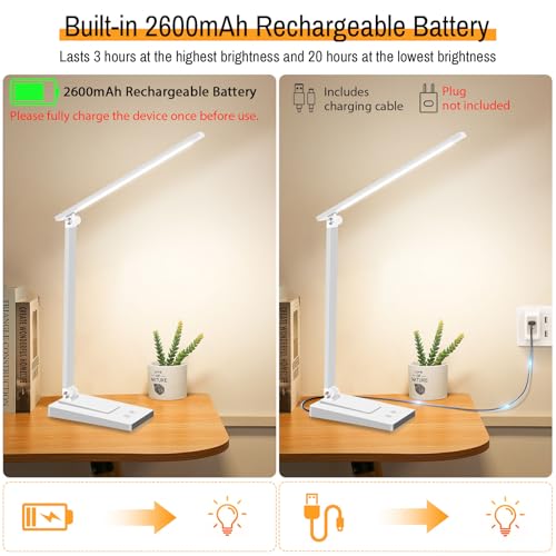 Rechargeable LED Desk Lamp, 5 Color Modes with 5 Brightness | 800LM 2600mAh Reading Table Lamp, Aluminum Bedside Lamp with USB Charging Port for Study Home Office, White - color: White