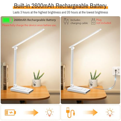 Rechargeable LED Desk Lamp, 5 Color Modes with 5 Brightness | 800LM 2600mAh Reading Table Lamp, Aluminum Bedside Lamp with USB Charging Port for Study Home Office, White - color: White