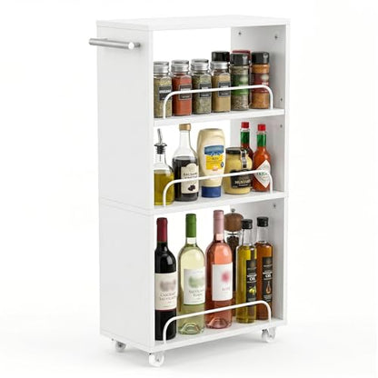 7.7'' Slim Rolling Storage Cart 4 Tier Wood Utility Cart Spice Rack Kitchen | Slide Out Narrow Rolling Cart with Adjustable Shelves,with Handle for Kitchen Laundry Bathroom Small Space - size: 3-Tier
