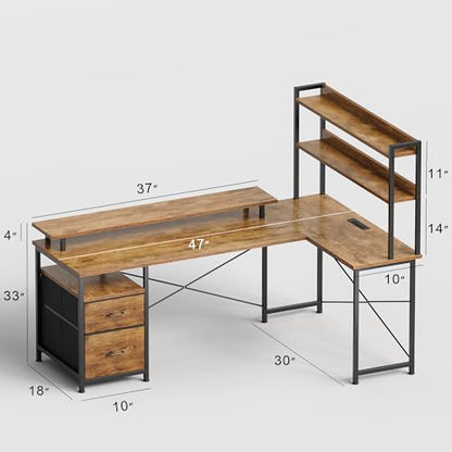 L Shaped Gaming Desk, Reversible with LED Lights, Shelves, Brown | Reversible, LED lights, Charging, Monitor stand - color: Rustic Brown2