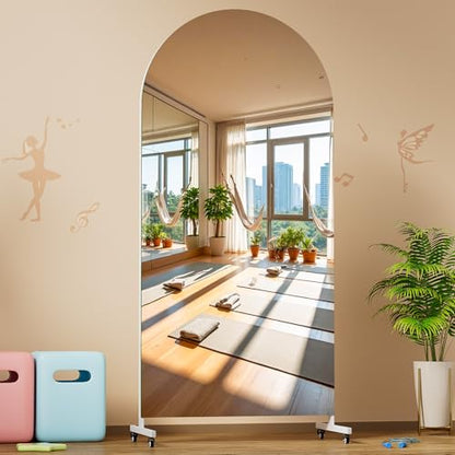 Hasipu 75" x 32" Arched Full Length Mirror on Wheels | HD tempered glass, sturdy aluminum frame, 4 smooth casters with locks, ideal for yoga, dance studio, bedroom & home gym. - size: 75"L x 32"W