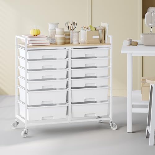 TOOLF 12 Drawers Rolling Storage Cart with Wooden Top for Classroom,White | Teacher Cart Craft Art Supply Organizer, Utility Cart with Lockable Wheels for Home Household Essentials, Office Organization - color: White