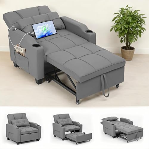 Sleeper Chair Pull Out Bed, 4 in 1 Convertible Sofa Chair Bed with Vibration Massage Lumbar Pillow, Single Sofa Recliner with USB/Type-C Port, Cup Holders and Side Pocket for Small Spaces (Grey) - color: Grey