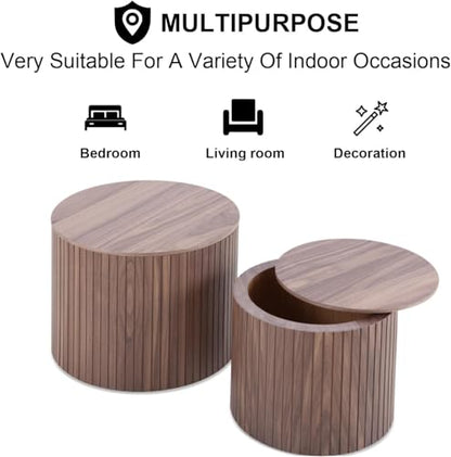 Round Nesting Coffee Table Set of 2, Wood Side Tables with Storage | Fluted Walnut Accent and End Tables Sets, Mid Century Modern, Living room, bedroom, office, small spaces - color: Walnut With Storage