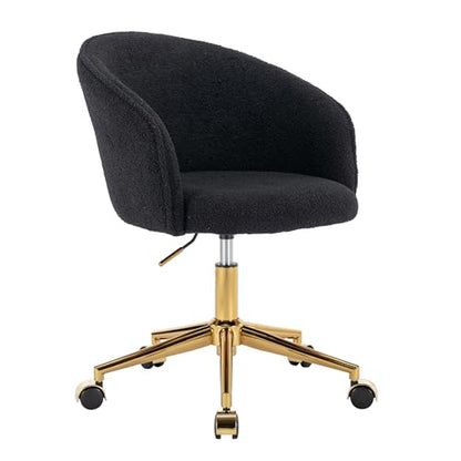 Faux Fur Makeup Vanity Chair,Home Office Desk Chair with Wheels, Blue | Fluffy Swivel Modern Armchair Upholstered Fuzzy Height Adjustable for Teens Women Girls Elegant for Living Room Bedroom - color: Round Black+golden Base