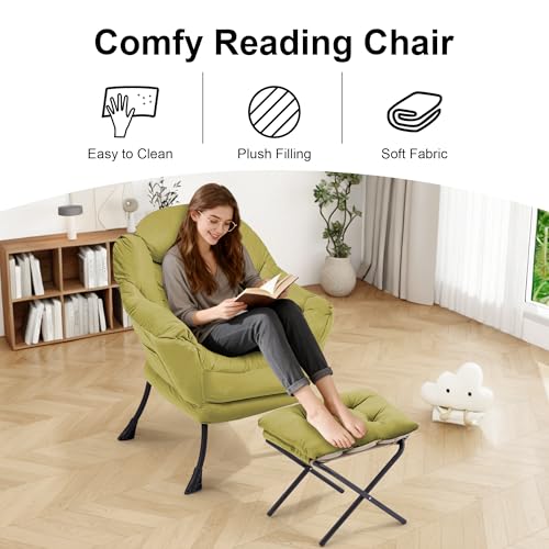 Lazy Chair with Ottoman Comfy Accent Lounge Chair with Side Pocket Cozy Chair Modern Reading Armchair with Footrest Upholstered Sofa Chair for Small Spaces Living Room Dorm Bedroom Olivegreen - color: Olivegreen
