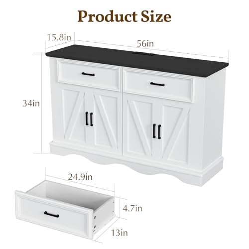 56" White Modern Farmhouse Sideboard Buffet Cabinet with Charging Station | 4 Doors 2 Drawers, Adjustable Shelves & Soft Close Hinges, Coffee Bar Cabinet for Kitchen Living Room Entryway, Easy Assembly - color: White, size: 2 drawers and 4 doors