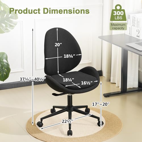 Armless Office Chair with Wheels, Luxury Chenille Swivel Desk Chair with Ergonomic Curved Teardrop Back, Double-Layer Seat, Adjustable Modern Vanity Chair for Makeup, Home Office, Black - color: Black, size: Teardrop Back