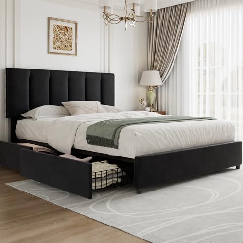 VECELO Full Size Bed Frame with 4 Storage Drawers, Adjustable Height Headboard, Heavy-Duty Platform Bedframe with Strong Wooden Slats, No Box Spring Needed, Black - color: Black, size: Full, style: Bed Frame With Drawers