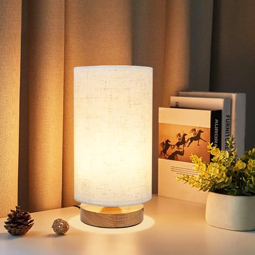 Small Bedside Table Lamp for Bedroom, Minimalist Wood Base & Round Fabric Shade, Mini Cute Cozy Warm White Nightstand Boho Lamp, Study Desk Night Stand Light for Room, Dorm, Nursery, Living Room - size: Round - Set of 1