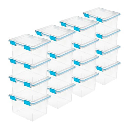 Sterilite Gasket Storage Box with Lids for Home & Office, 32 Quart, 16-Pack | Heavy-Duty, Stackable, and Organizing Containers for Bathroom, Cabinet, Closet, and Garage, Clear and Blue Aquarium Latches - size: 32 Quart, style: 16 Pack