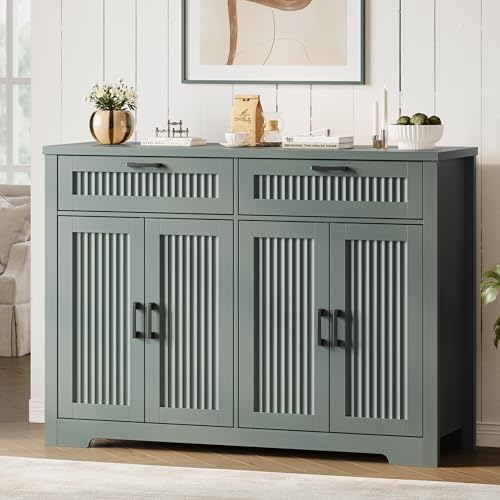 Fluted Buffet Sideboard Cabinet with Storages, Buffet Table with Drawers | Coffee Bar Console Table with 2 Drawers & 4 Doors and Adjustable Shelves, Sideboard with Metal Handles, Green - color: Green, size: 4 Doors & 2 Drawers