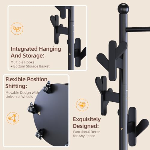 CozyDH Wooden Coat Rack Stand with Umbrella Holder and Wheels, Freestanding Hall Tree Coat Hanger with Multi Hooks, Heavy Duty Coat Tree for Entryway Bedroom Hallway Office，Black - color: Black, size: Round-15.7D×15.7W×72.8H
