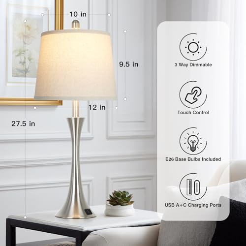 Rinweey 27.5" Silver Table Lamps Set of 2, Touch Bedside Lamps with USB C+A Ports, 3 Way Dimmable Nightstand Lamps for Bedroom, Living Room, Office, Silver Lamp with Beige Lampshade, Bulbs Included - color: Silver (2 Pack)