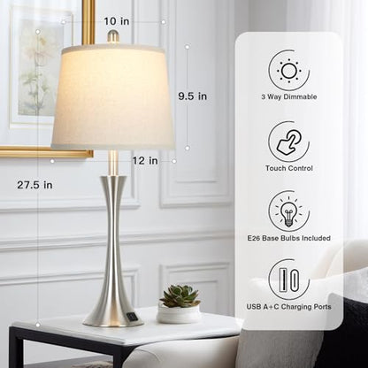 Rinweey 27.5" Silver Table Lamps, Touch Bedside Lamps with USB C+A Ports, 3 Way Dimmable Nightstand Lamps for Bedroom, Living Room, Office, Silver Lamp with Beige Lampshade, Bulbs Included (1 Pack) - color: Silver (1 Pack)