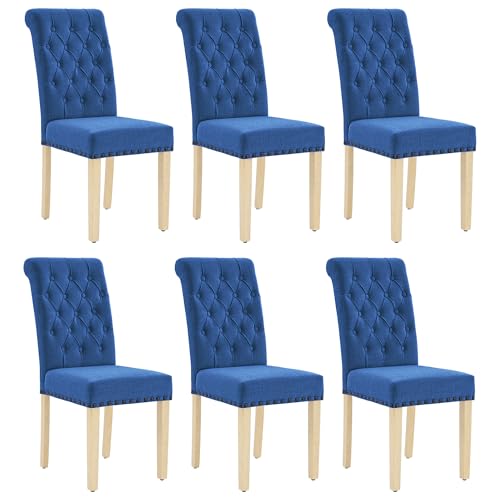 adochr Linen Dining Chairs Set of 6, Armless Parsons Chairs,Dark Blue | Wooden Legs & Tufted Buttons, Upholstered Dining Room Chair for Kitchen/Dining Room/Living Room - color: Dark Blue, size: 6PCS