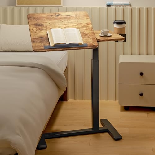 Overbed Bedside Table with Wheels, Pneumatic Adjustable Medical Tilt Top Hospital Bed Table Over The Bed, Rolling Laptop Desk, Mobile Standing Desk for Hospital and Home Use, Rustic Brown - color: Rustic Brown