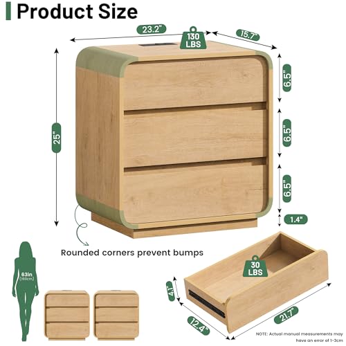 Standifurno Farmhouse Nightstand, 25" Tall Wood Bedside Table with Charging Station, 3 Storage Drawers Side Table, Large End Table Night Stand for Bedroom, Office, Sofa, Curved Profile, Natural - color: Natural, size: 3 Drawer(1PC)