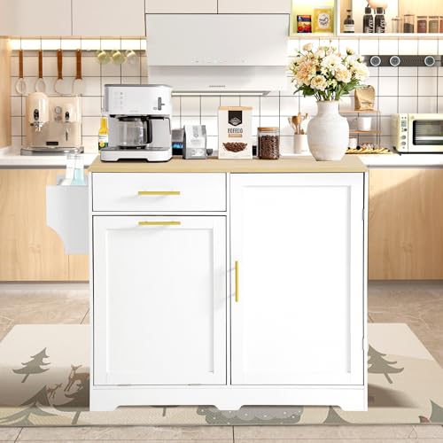 48" Kitchen Island with Trash Can Storage & Drop Leaf on Wheels | Rolling Kitchen Island Table Cart Cabinet with Drawer, Mobile Kitchen Cabinet on Wheels w/Spice Rack, Towel Bar, Hooks - color: White, size: 48"