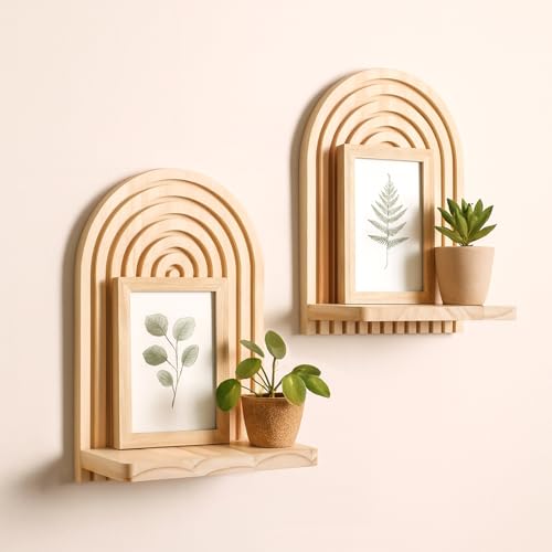 Artilady Boho Wood Shelf Wall Hanging, Rainbow Arch Trinket Storage | Wall Mounted Floating Shelves, Plant Crystal Candle Holder for Small Space, Bohemian Modern Bedroom Living Room Decor, 2 Pack - color: 1 Burlywood